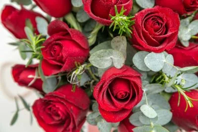 Buquê de rosas vermelhas visto de cima.