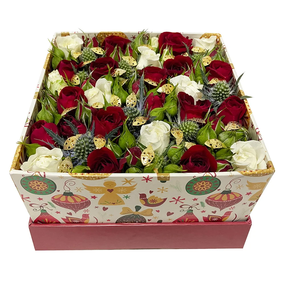 box de natal com mini rosas brancas e vermelhas de frente Feliz Natal - Imagem 2
