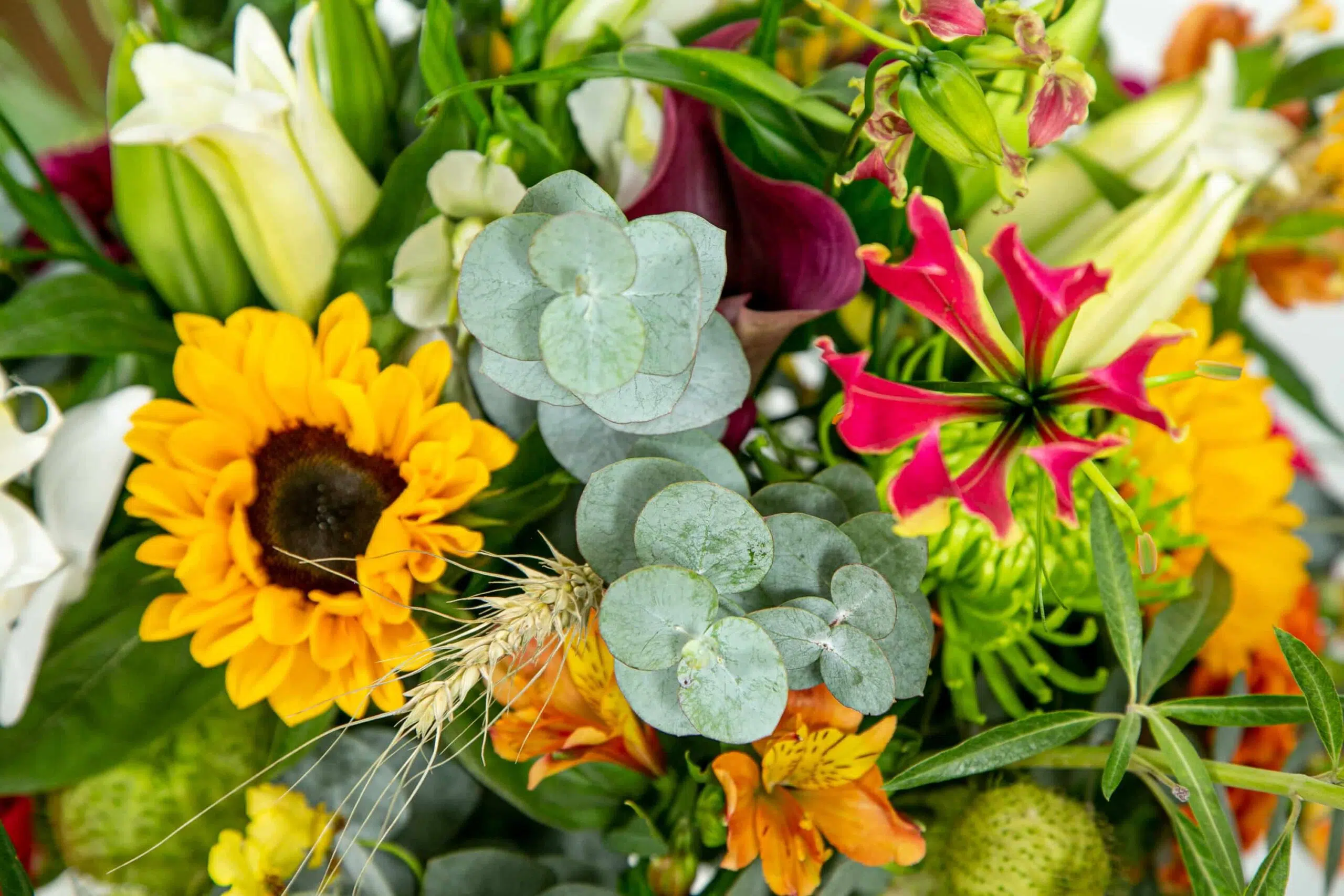 Luzes Artificias para cultivar flores, entenda como funciona 2 Arranjo floral com gloriosa, girassol, entre outras flores.