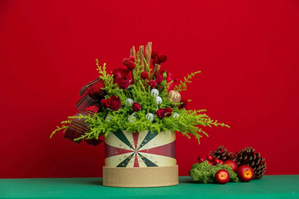Flores são Símbolo do Natal, vaso com rosas vermelhas em fundo Vermelho.