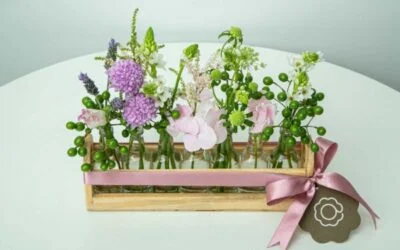 A linguagem das flores de pétalas rosa dentro de vaso de madeira.