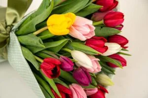 Buquê de flores, várias tulipas com pétalas amarelas, roxas, rosas e vermelhas.