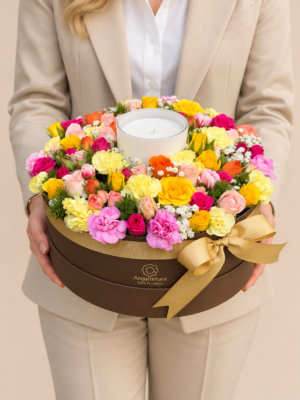 arranjo floral colorido com vela central