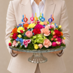 arranjo floral colorido em pedestal de vidro