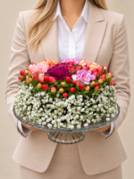 arranjo floral em pedestal de vidro