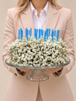 buquê de gypsophila com velas listradas