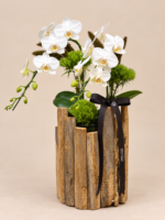 orquídeas brancas em vaso rústico de madeira